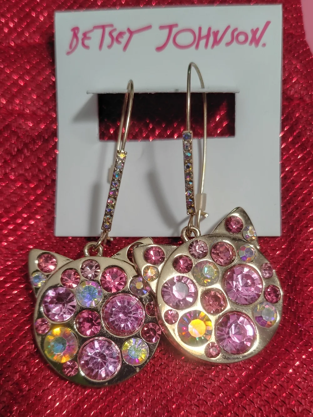 NWT Betsey Johnson Gold-Tone Pink Crystal Cat Dangle Earrings